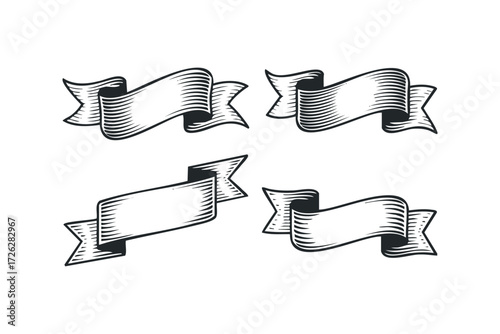 Four Vintage Ribbon Emblems. Vector hand drawn illustration