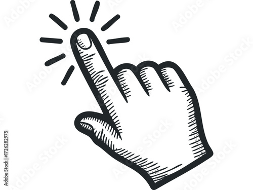 Hand pointer finger pressing a button with radiating lines. Vector hand drawn illustration