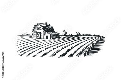 Farm barn with plowed field and distant trees sketch. Vector hand drawn illustration