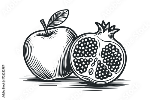 Pomegranate and Apple Fruit Duo Engraving. Vector hand drawn illustration