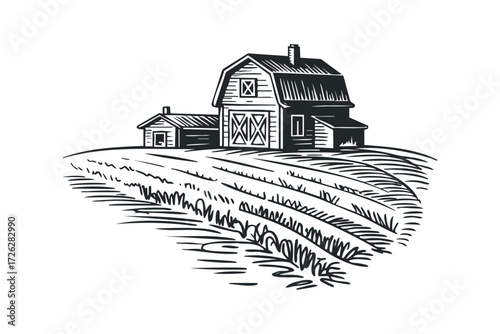 Barn with attached smaller building on a grassy hill. Vector hand drawn illustration