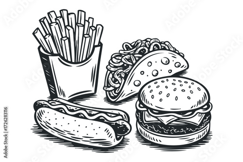 Group of Fast Food Icons Hamburger Hotdog Tacos Fries. Vector hand drawn illustration