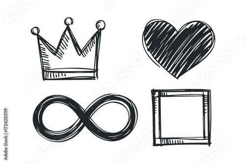 Four simple hand-drawn icons including a crown, heart, infinity symbol, and square. Vector hand drawn illustration