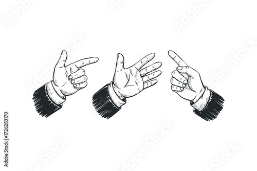Three hands making pointing gestures and open palm. Vector hand drawn illustration