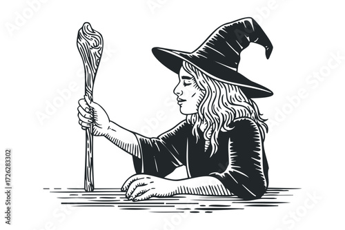 Young witch holds wooden staff with flowing hair. Vector hand drawn illustration
