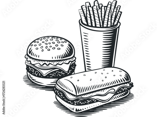 Black and white illustration of a hamburger, sub sandwich, and french fries. Vector hand drawn illustration