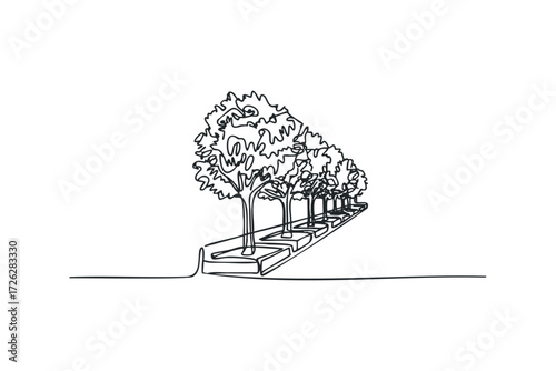 Continuous line drawing of trees planted in squares. Vector hand drawn illustration