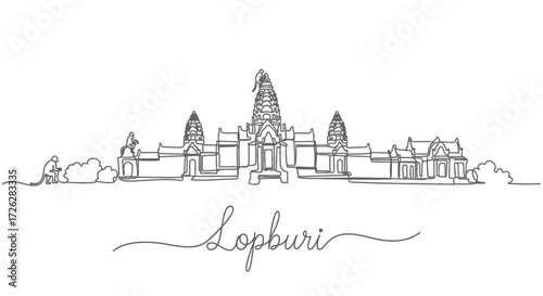 Lopburi Thailand One Line Art Landmark with Monkeys and Temple Silhouette