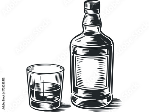 Black and white illustration of liquor bottle with glass. Vector hand drawn illustration