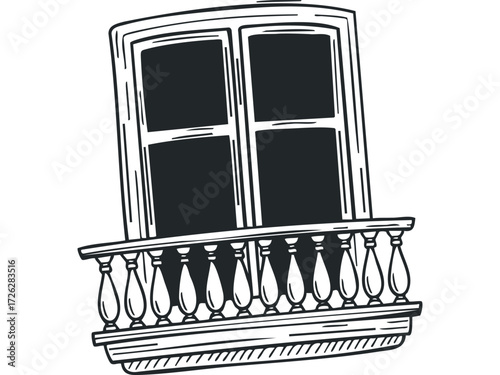 Architectural balcony with ornate railing and large window. Vector hand drawn illustration