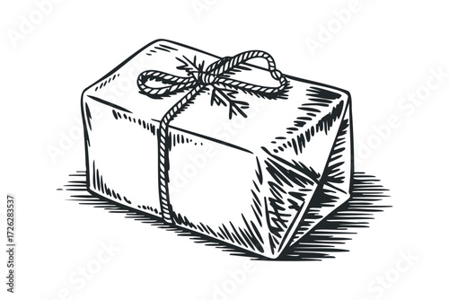 Hand-drawn sketch of a wrapped gift box tied with twine. Vector hand drawn illustration