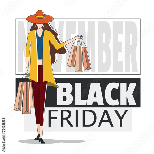 Black Friday Poster. A woman buys a lot of things