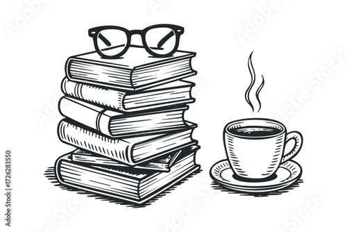 Stack of books with eyeglasses and cup of coffee. Vector hand drawn illustration