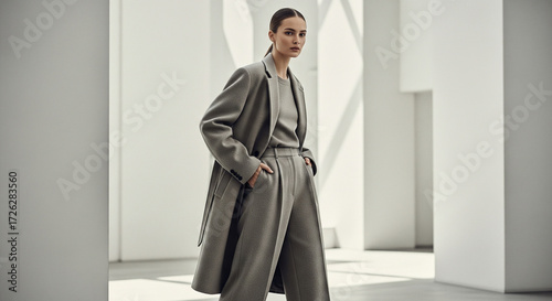 Portrait of a confident and elegant woman in a stylish grey monochromatic outfit posing in a modern, minimalist architectural space
