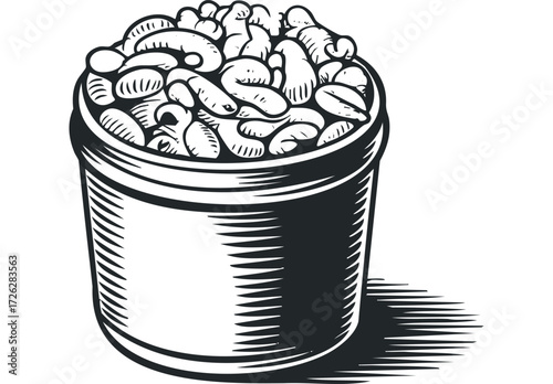 Container overflowing with whole peanuts in shell. Vector hand drawn illustration