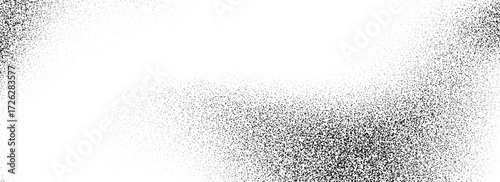 Black dotted grain gradient texture. Grunge sprayed noise background. Stippled gritty sand overlay. Rough distressed dotwork backdrop with dust, particles, speckles. Vector subtle grit speck wallpaper