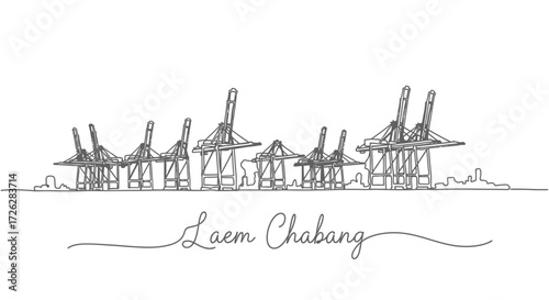 Line Art Silhouette of Laem Chabang Port Cranes with Text