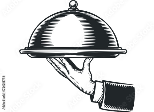 Hand holding serving platter with dome lid. Vector hand drawn illustration
