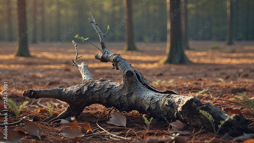 Fototapeta premium Fallen Tree Limb with Budding Leaves in a Pine Forest at Sunrise