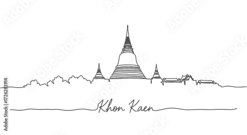 Khon Kaen Skyline Drawing with Buddhist Temples