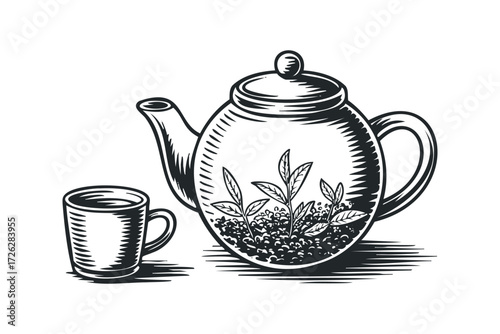 Sketch of teapot and cup with tea leaves. Vector hand drawn illustration