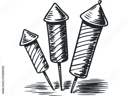 Three Hand Drawn Fireworks Rockets Ready to Launch. Vector hand drawn illustration