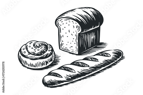 Hand drawn bakery items loaf and swirl roll. Vector hand drawn illustration