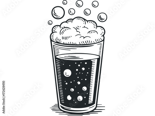 Hand-drawn refreshing soda pop in a tall glass with bubbles. Vector hand drawn illustration
