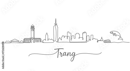 Trang Skyline One Line Drawing with Dugong Illustration