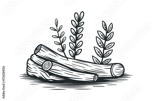 Wood logs with foliage sprout from ground. Vector hand drawn illustration