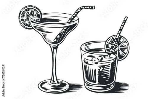 Two refreshing cocktails with lime and straw. Vector hand drawn illustration