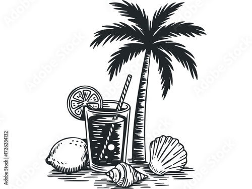 Tropical Vacation Refreshment Palm Tree Lemon Drink Seashells. Vector hand drawn illustration