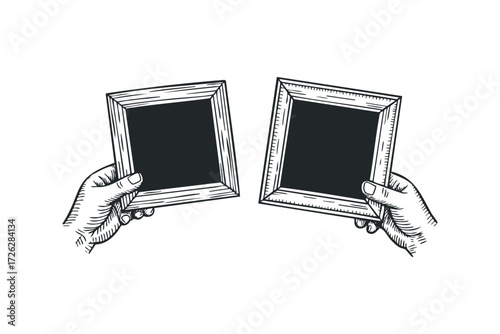 Two Hands Hold Empty Square Photo Frames. Vector hand drawn illustration