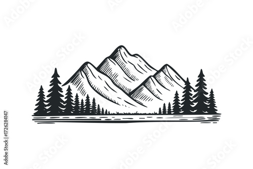 Mountain Range with Pine Trees and Water. Vector hand drawn illustration