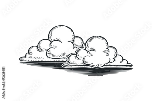 Stylized cumulus clouds rendered in vintage woodcut style. Vector hand drawn illustration