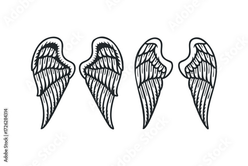 Pair of Decorative Angel Wings Outline. Vector hand drawn illustration