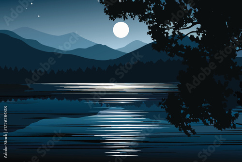 Serene night landscape with a full moon reflecting on calm water