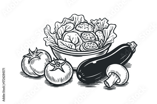 Fresh Vegetables and Salad Bowl Composition. Vector hand drawn illustration