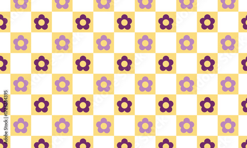 A simple pattern of light and dark purple flowers on a yellow gingham background.  Suitable for retro or modern motifs.