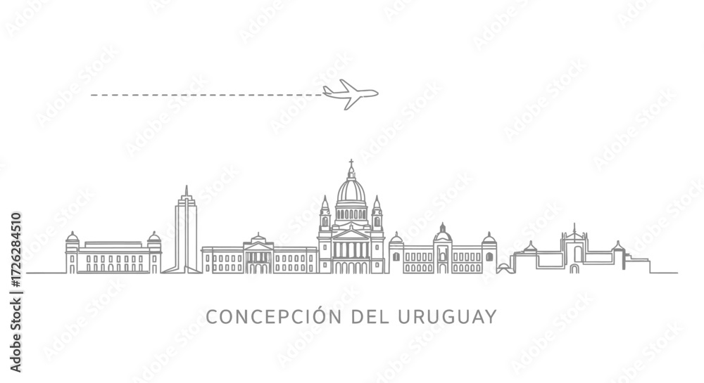 Fototapeta premium Concepciin del Uruguay Skyline with Airplane Icon