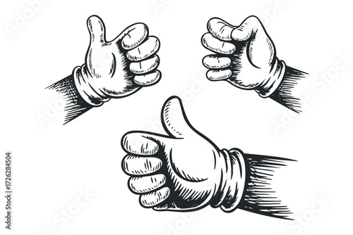 Three gloved hands gesture with thumbs up. Vector hand drawn illustration