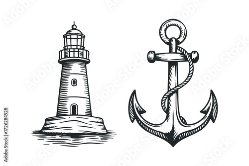 Lighthouse and anchor maritime symbol. Vector hand drawn illustration