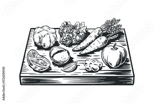 Still Life of Fresh Vegetables and Fruits on Wooden Board. Vector hand drawn illustration