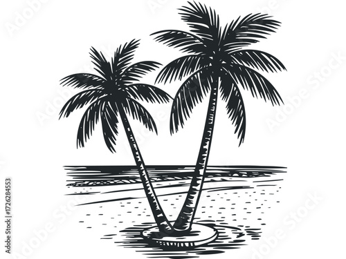 Two Palm Trees on Sandy Beach Near Ocean Water. Vector hand drawn illustration