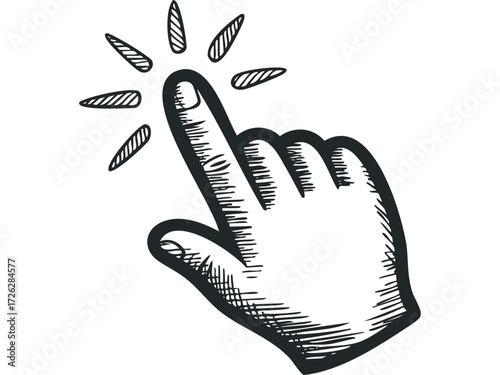 Hand pointer finger tapping with radiating lines symbol. Vector hand drawn illustration