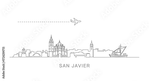 San Javier Skyline Outline with Airplane and Boat