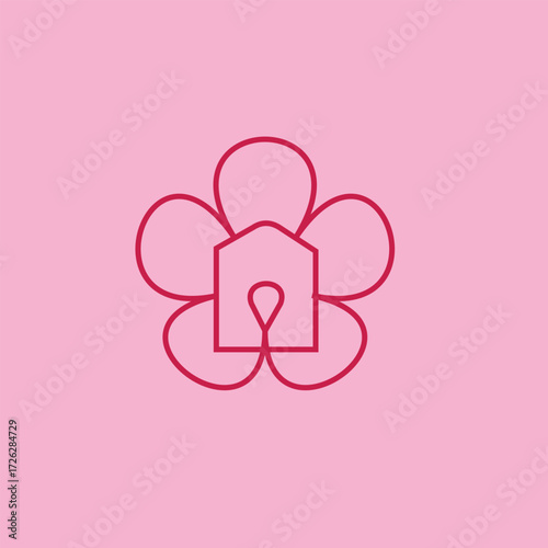 This logo features an outline of a flower, with a silhouette of a house inside it. The design symbolizes warmth, comfort, and harmony with nature. It is suitable for a brand in the fields of homestay,