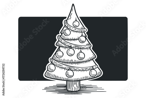Decorated Christmas tree drawing with ornaments. Vector hand drawn illustration