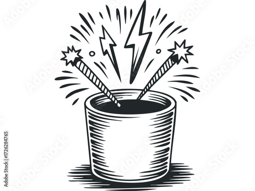 Explosion of fireworks in a pot with sparks. Vector hand drawn illustration