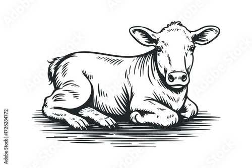 Young cow resting on textured ground. Vector hand drawn illustration